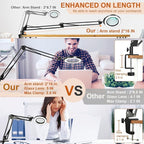 VEEMAGNI 5 Inch Large Magnifying Glass with Light and Stand, 5 Color Modes Stepless Dimmable, 2*16 Inch Swivel Arm LED Clamp Desk Lamp, Hands Free 12X Lighted Magnifier for Close Work Crafts Soldering