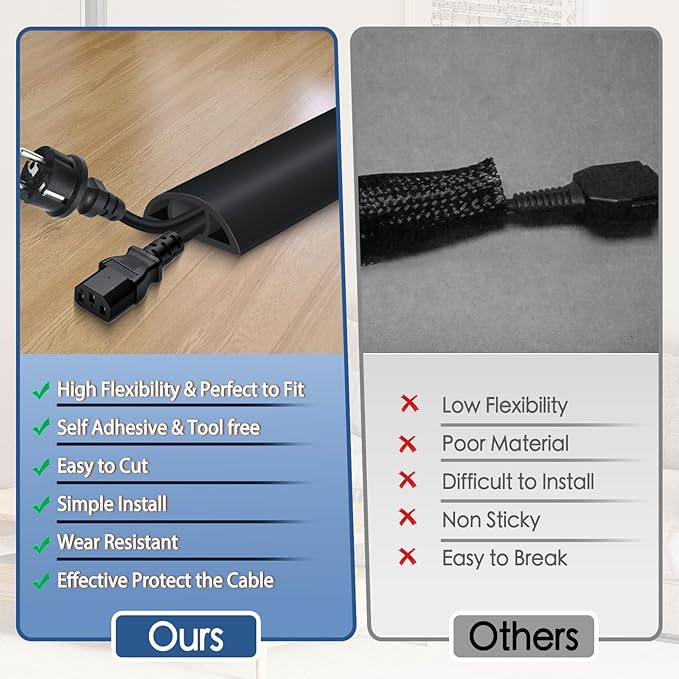 Floor Cord Cover for Wires on Floor Self Adhesive Cord Hider Floor Cable Management Wire Covers for Cords Protector Prevent Cable Trips Cord Cavity W 0.47" x H 0.27", Black, 20Ft