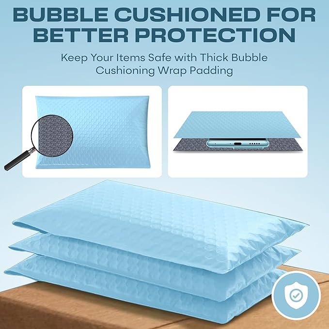 Light Blue Small Poly Bubble Mailers 6x10 inch #0 | Self Seal Padded Envelopes | Cushioned Bubble Mailer | Usable Size 6x9 | WaterProof | Lightweight mailing Shipping Bags | 500 Pack Bulk