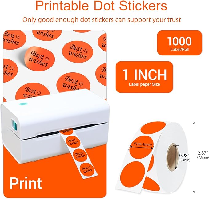 1 Inch Circle Dot Stickers 1000 PCS Color Coding Thermal Labels Dots Writable Printable Small Round Stickers for Office, Classroom, Inventory, Garage, Organizing Storage, Fluorescent Orange