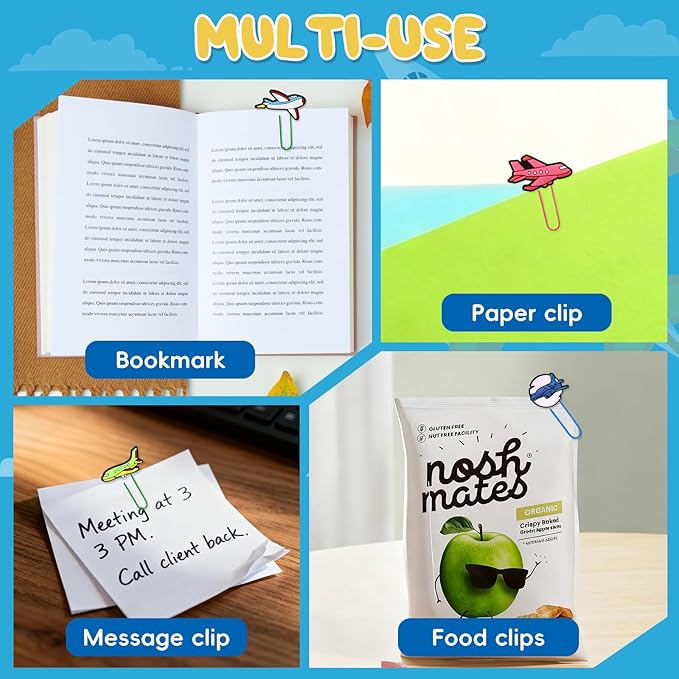 30 PCS Airplane Paper Clips Metal Paperclip Large Size Paper Clip Cute Bookmark Colorful Office Supplies Bookmark Clamp Desk Accessories Stationery for School Gifts for Students