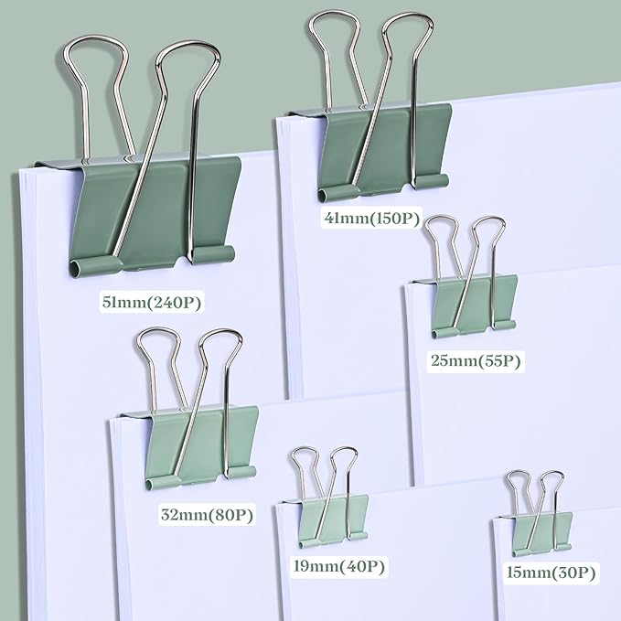 Temiary 208 Pcs Metal Binder Clips, Assorted Sizes Extra Large, Large, Medium, Small, Mini, Micro Binder Paperwork Clip, Morandi Colored Paper Clamps Bulk for Office, Home, School (Green)