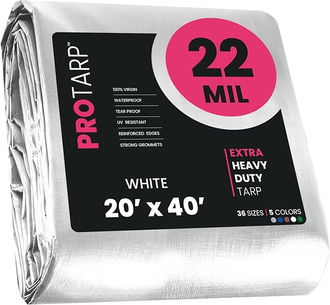 PROTARP Extreme Heavy Duty 22 Mil Tarp Cover, Waterproof, UV Resistant, Rip and Tear Proof, Poly Tarpaulin with Reinforced Edges for Roof, Camping, Patio, Pool, Boat. (White 20′ X 40′)