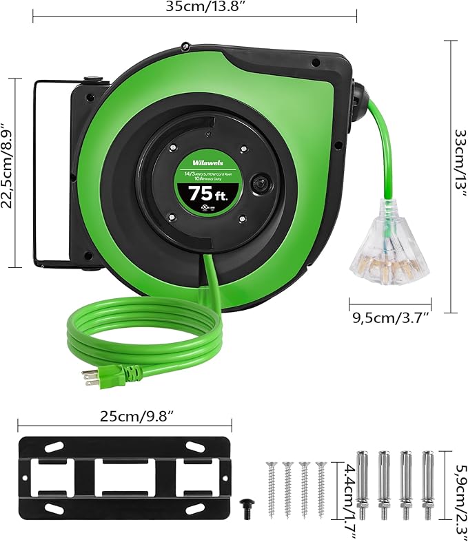 Retractable Cord Reel, 75 FT Heavy Duty Extension Cord, 14AWG/3C SJTOW, 3 Grounded Outlets Lighted Triple Tap, 10A Circuit Breaker, Wall/Ceiling Mounted, UL Listed, Green J75CR06
