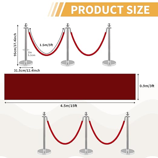 8Pcs Stainless Steel Stanchion Posts with 5ft Red Velvet Ropes - Crowd Control Barriers & Queue Line Kit with 26ft Red Carpet for Wedding, Party, Theater Supplies