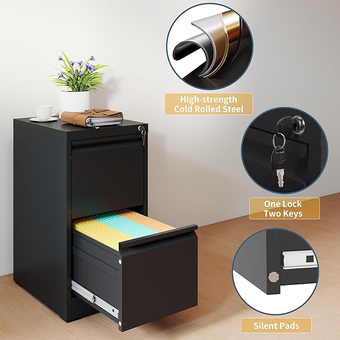 2 Drawer File Cabinet with Lock, Vertical Filing Cabinets for Home Office, Metal Storage Cabinets, Heavy Duty File Cabinet for Letter/Legal/A4/F4 Size Amssebly Required, Black