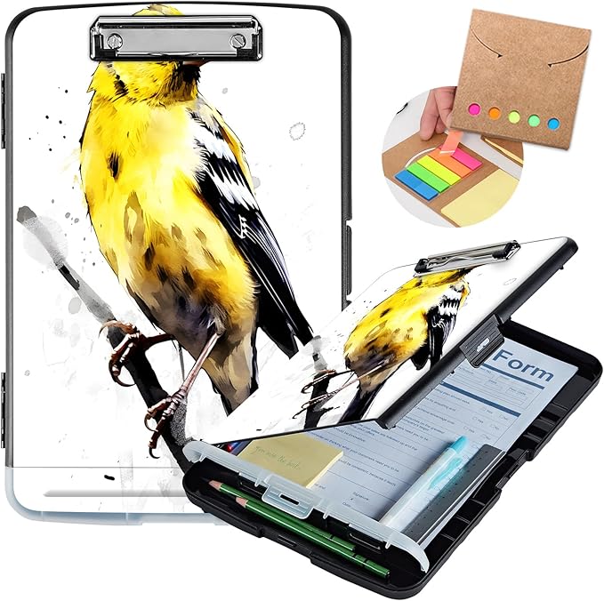 Heavy Duty Plastic Storage Clipboard with Low Profile Clip, Pen Holder, Teacher Must Haves, Office Supplies, Yellow Bird on Branch