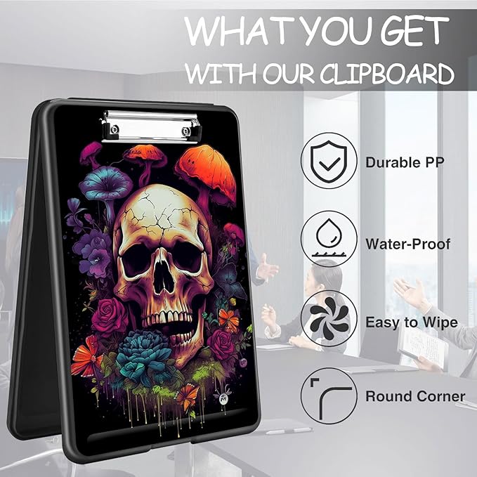 Clipboard with Storage, High Capacity Plastic Storage Clipboard with Pen Holder for Women Teachers Work, School & Office Supplies, Cute Pattern Decorative Clipboards, Flower Skull