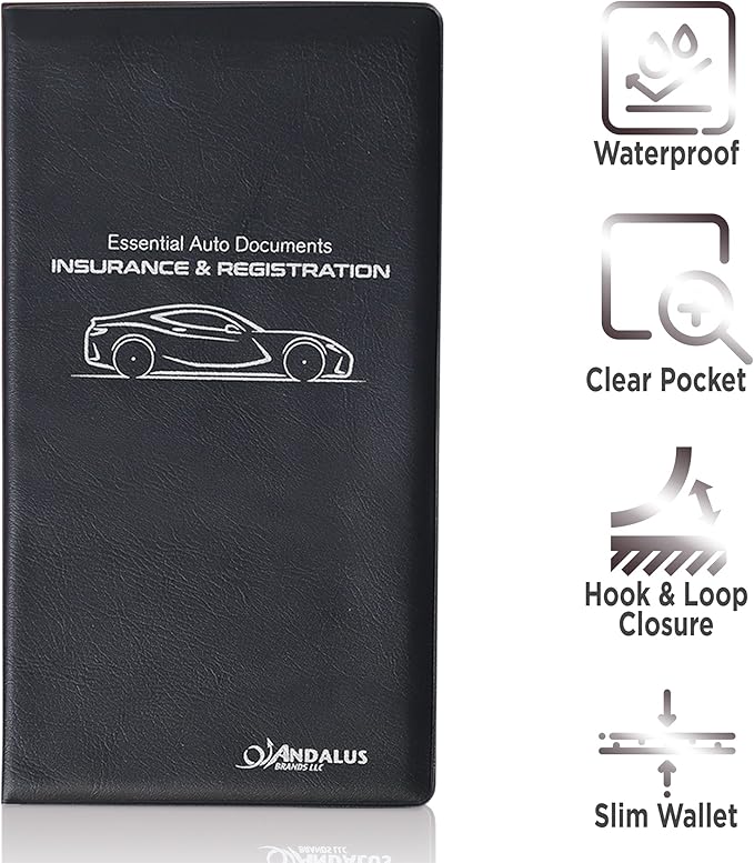 Andalus Auto Registration & Insurance Card Holder Pack of 2, Waterproof Essential Car Registration Holder with Hook & Loop Closure, Perfect for Every Vehicles Glove Boxes (Black - 9.5" x 5.15")
