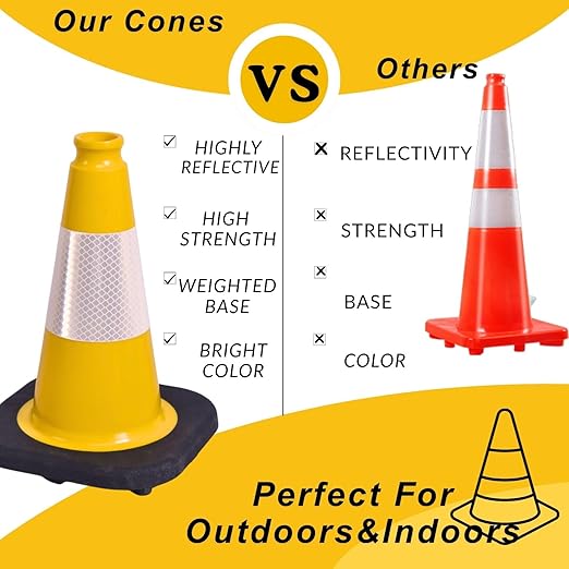 BESEA 6Pack 12 Inch Yellow Traffic Cones with 4 Inch Reflective Collar, Heavy Duty PVC Safety Cones with 8.5 x 8.5 Inch Base for Parking, Driving Practice, Sports Training, and Construction