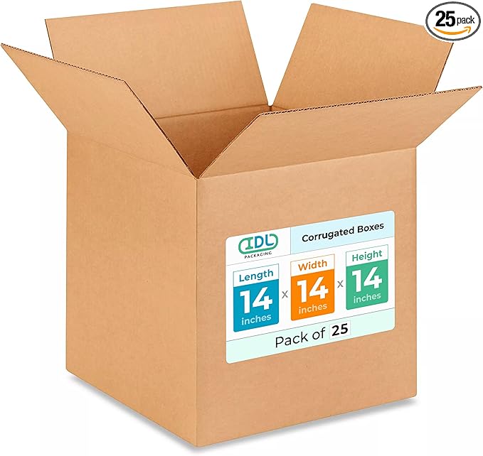 Medium Cube Moving & Shipping Boxes 14"L x 14"W x 14"H (25-Pack) - Extra Strength 200 lb vs Regular - Corrugated Packaging Boxes - Heavy Duty Shipping Box - Cardboard Packing Box by IDL Packaging