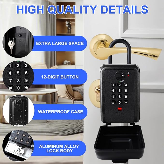 Key Lock Box, 12-Digit Code, Weatherproof Wall Mount, Large Capacity 5-8 Keys, Aluminum Alloy (Black, 3.58 * 2.24 * 7.8IN with Shackle)