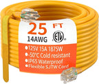 HUANCHAIN 25 ft 14/3 Gauge Heavy Duty Outdoor Extension Cord Waterproof with Lighted, Flexible Cold Weather 3 Prong Electric Cord Outside, 15A 1875W 125V 14AWG SJTW, Yellow, ETL Listed