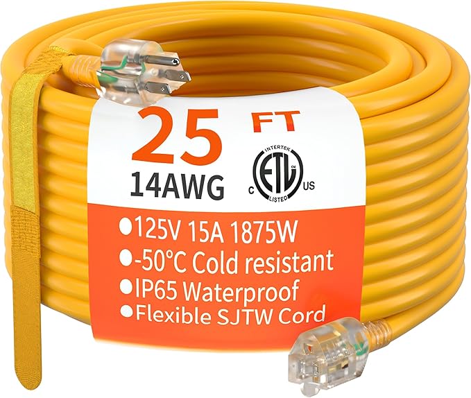 HUANCHAIN 25 ft 14/3 Gauge Heavy Duty Outdoor Extension Cord Waterproof with Lighted, Flexible Cold Weather 3 Prong Electric Cord Outside, 15A 1875W 125V 14AWG SJTW, Yellow, ETL Listed