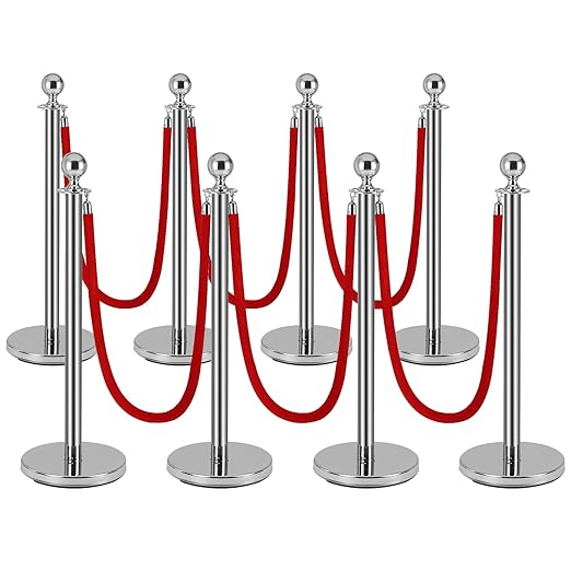8 PCS Stainless Steel Stanchion Post,5Ft Red Velvet Rope, Hollow Base and Velvet Ropes Safety Barriers Set, Poles Crowd Control Barriers for Red Carpet Themed Decoration