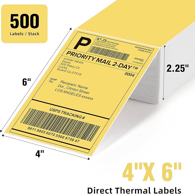 4"x6" Yellow Direct Thermal Labels, 500 Fanfold Shipping & Address Label Paper, Self-Adhesive Stickers for Thermal Printer, 1 Stack