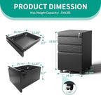 3-Drawer Mobile File Cabinet With Lock & Wheels,Fully Assembled Heavy Duty Under Desk File Cabinets For Home Office,100lbs Capacity Per Drawer,Steel Rolling Cabinet for Legal/Letter Files(Black)