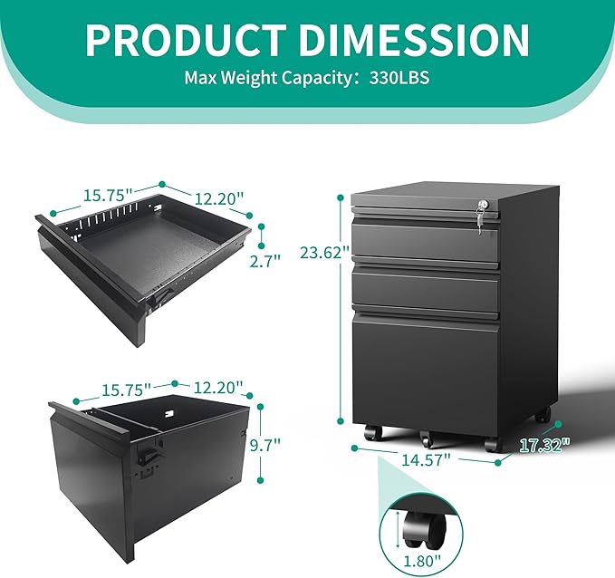 3-Drawer Mobile File Cabinet With Lock & Wheels,Fully Assembled Heavy Duty Under Desk File Cabinets For Home Office,100lbs Capacity Per Drawer,Steel Rolling Cabinet for Legal/Letter Files(Black)