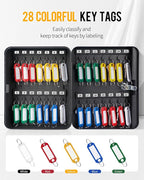 Uniclife Steel Key Cabinet Wall Mounted Organizer - 28 Keys, 2 Unlocking Keys - Black Frosted Security Box with Hooks and Color-Coded Labels