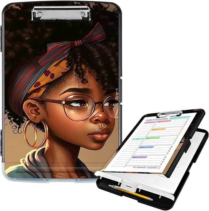 Clipboard with Storage High Capacity Plastic Nursing Clipboards with Pen Holder File Folder Storage Box Clipboard with Heavy Duty Clips for Teacher,Doctor,Offices-Black African American