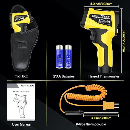 Infrared Thermometer Gun, Digital Laser Thermometrer Temperature Gun with Color LCD for Cooking, Pizza Oven, HVAC, IR Temp Gun with K-Probe, Adjustable Emissivity,-40°F to 1472°F(-40~800°C)