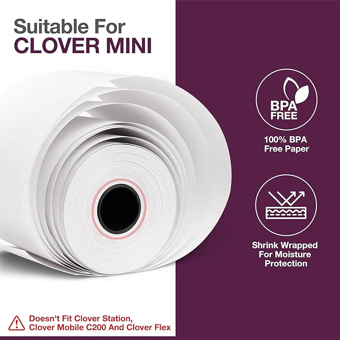 Receipt Paper for Clover Mini and Clover Mobile Thermal Printer - Receipt Paper Rolls Compatible with Clover Mini POS models C200, C300, C301, C302, C305 (40 Rolls)