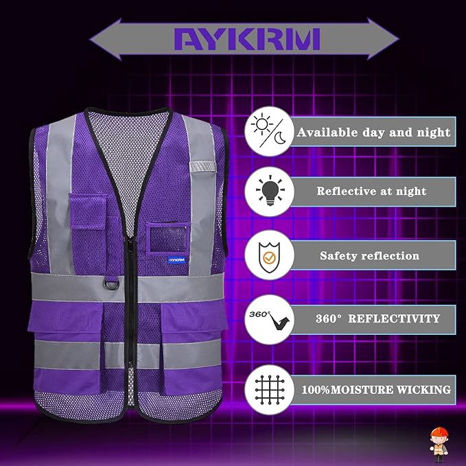 A-SAFETY High Visibility Mesh Safety Reflective Vest with Pockets and Zipper,Hi Viz Work Vest for Men Women (Purple Mesh XXL)