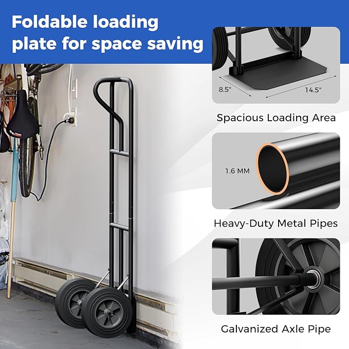 Goplus Hand Truck, P-Handle Hand Truck Dolly w/770LBS Capacity, Vertical Loop Handle, 10” Rubber Wheels, 14.5”x 8.5” Foldable Nose Plate, Heavy Duty Metal Dolly Cart for Lifting, Stairs