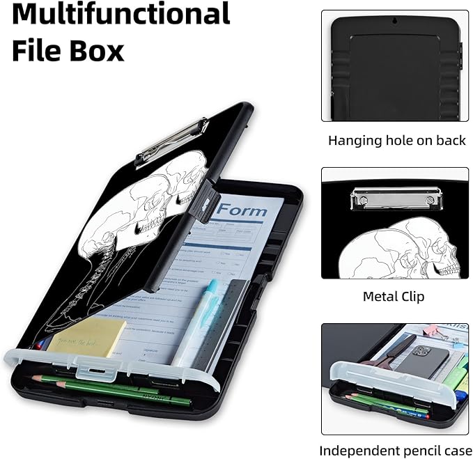 Clipboard with Storage Box & Pen Holder,Heavy Duty Clip Boards 8.5x11 for Nursing,High Capacity,School & Office Supplies,Skull Silhouette