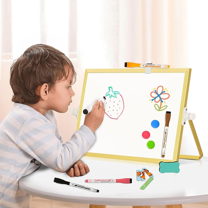 Magnetic Dry Erase White Board, 12" x 8" Double-Sided Golden Aluminum Frame Desktop Whiteboard with Stand, Portable Small Whiteboard Set for Drawing, Office, Home, School