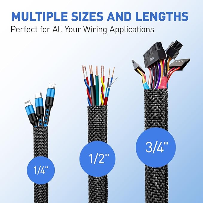 Cable Management Sleeve Automotive Split Wire Loom Heat Resistant Cord Cover Sleeving Critter Charger Cord Protectors from Pets No Chew Cat Dog Self Wrapping Braided Audio Video 18FT - 1/4 inch