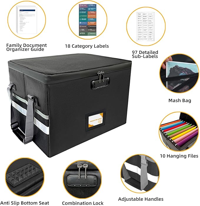 Deluxe Pro Large Next of Kin Box Organizer with 50-Page Family Document Guide, Fireproof Foldable File Organizer with Combination Lock, 10 Hanging Files and 115 Category Labels (15.7"L×12.2"W×10.6"H)