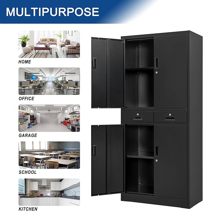Metal Storage Cabinet, 71" Locking Storage Cabinet with Adjustable Shelves and 2 Drawers, Steel Cabinets for Office, Garage, Home, School, Utility Room(Black)