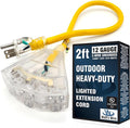 2 ft Short Outdoor Extension Cord Waterproof - 12 Gauge Heavy Duty Extension Cord Splitter Outdoor 2 ft - Lighted Outdoor Extension Cords with Multiple Outlets - Watts Wire - 2' Grounded