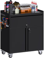 Aobabo Metal Cabinet on Wheels, Metal Garage Cabinet with 1 Drawer and 4 Hooks, Small Rolling Tool Storage with Pegboard and Handle, Assembly Required, Black