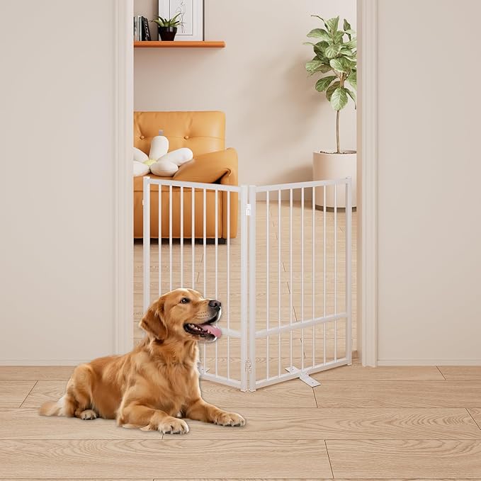 2 Panels Full Metal Freestanding Dog Gates, 40” W x 32” H Folding Pet Gate Fence with Support Feet for Indoor,Stairs, Hallways and Doorways(White)