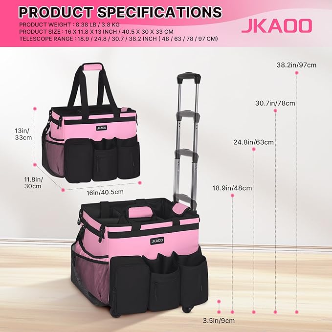 Large Rolling Cleaning Caddy Bag with Detachable Trolley, Waterproof Cleaning Caddy on Wheels for Housekeepers, Cleaning Cart Supplies Organizer for Home,Car,Office,Picnic (Pink) (in Patent)