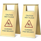 Kigley 2 Pcs Wet Floor Sign, 17 Inch Stainless Steel Caution Wet Floor Sign Double Sided Portable Foldable Bilingual Safety Warning for Hotel Market Restroom Restaurant Office (Gold)