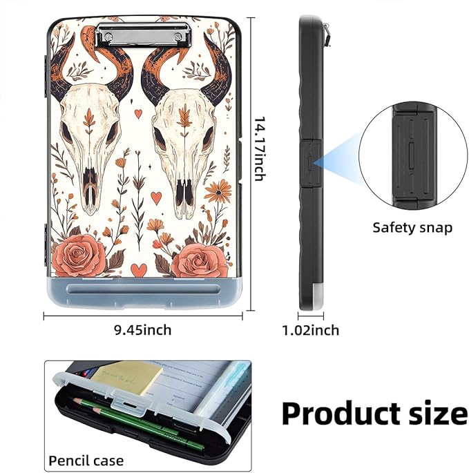 Clipboard with Storage Box & Pen Holder,Heavy Duty Clip Boards 8.5x11 for Nursing,High Capacity,School & Office Supplies,Bull Skull Floral