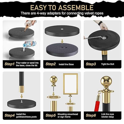 kaiyomi 8Pcs Stanchions Posts Velvet Ropes with Red Carpet and Sign Frame, Water or Sand-Fillable Base, Suitable for 8.5" x 11" A4 Paper Size Sign Frame for Red Carpet Party Decoration (Black&Golden)
