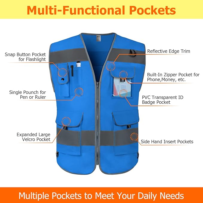 TCCFCCT Blue Safety Vest for Men Women 9 Pockets High Visibility Reflective Vest for Safety, Work Vest with Reflective Strips, Meets ANSI/ISEA Standards, Large