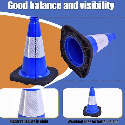 BESEA 4Pack 18 Inch Blue Traffic Cones with 6 Inch Reflective Collar, Heavy Duty PVC Safety Cones with 10.5 x 10.5 Inch Base for Parking, Driving Practice, Sports Training, and Construction