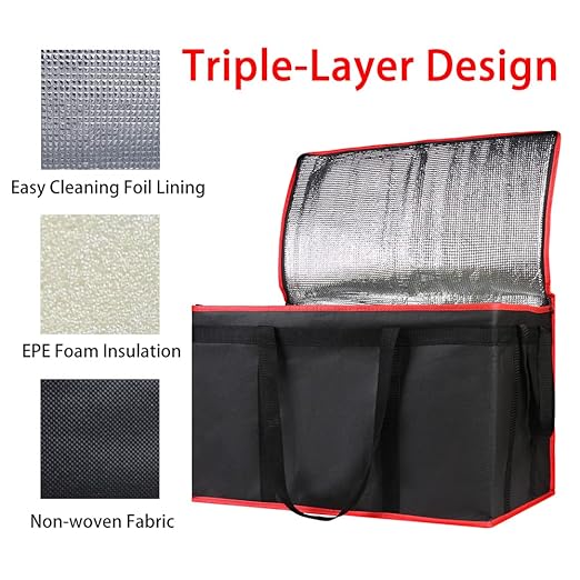 Insulated Food Delivery Bag with Hard Bottom - Extra Stable and Durable Catering Bag, 3XL Thermal Cooler Tote for Hot and Cold Food Transport - Ideal for High-Volume and Restaurant Deliveries