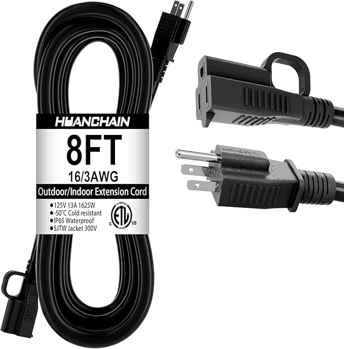 HUANCHAIN Indoor Outdoor Black Extension Cord 8 ft Waterproof, 16/3 Gauge Flexible Cold-Resistant Appliance Extension Cord Outside, 13A 1625W 16AWG SJTW, 3 Prong Electric Cable, ETL