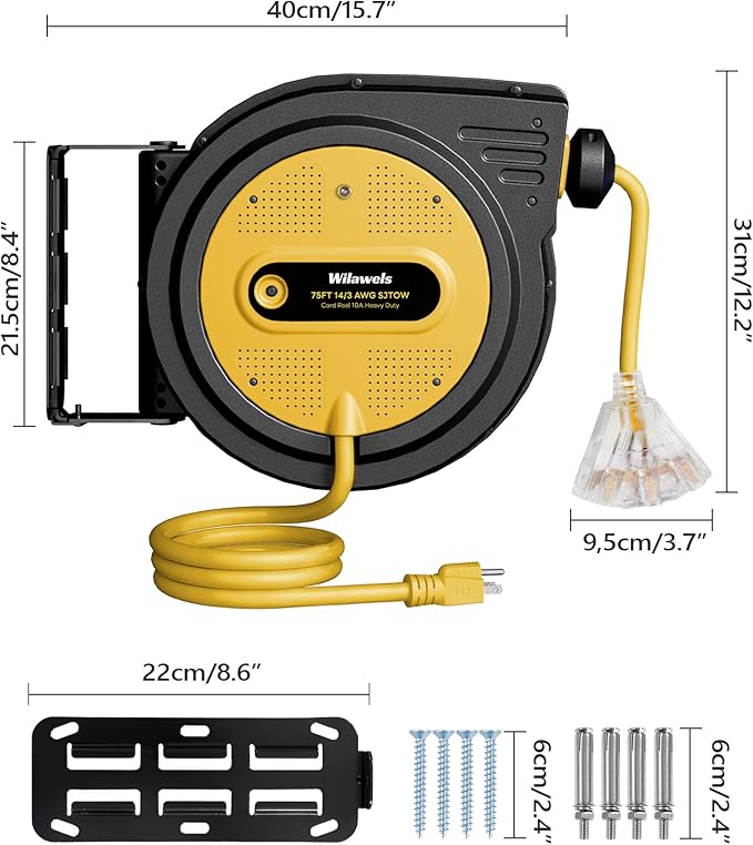 75 FT Retractable Extension Cord Reel, Heavy Duty Power Cord, 14AWG/3C SJTOW, 3 Grounded Outlets Lighted Triple Tap, 10A Circuit Breaker, Wall/Ceiling Mounted, ETL Listed, Yellow Y75ACR06