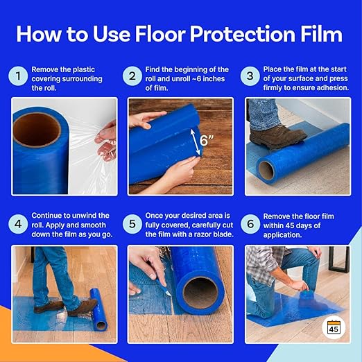 Floor Protection Film, 24 inch x 200' roll, Made in USA, Blue Self Adhesive Floor Protector for Moving and Construction, Temporary Covering for Protection of Hardwood, Tile, Other Hard Surfaces