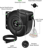 Retractable Cord Reel, 75 FT Heavy Duty Extension Cord, 14AWG/3C SJTOW, 3 Grounded Outlets Lighted Triple Tap, 10A Circuit Breaker, Wall/Ceiling Mounted, UL Listed, Black H75CR06
