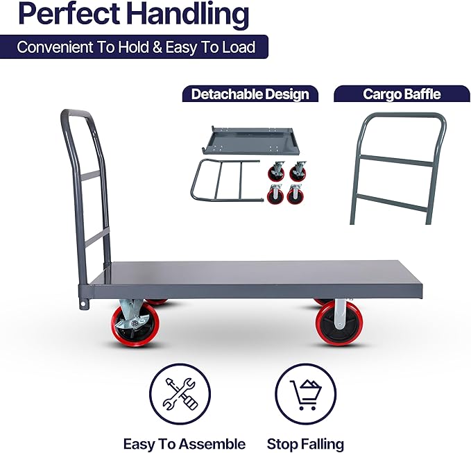 5Seconds Flatbed Platform Cart Industrial Dolly Heavy Duty 60” x 30” Hand Push Truck Super Heavy Duty Flatbed with 3000Lb Capacity 8'' Locked Swivel Wheels Commercial Moving