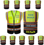 BeautyWill 10 Pack Custom Safety Vest Customized Logo Mesh Vest Class2 High Visibility Reflective Vest with Pockets Workwear（Yellow Black，XXL ）