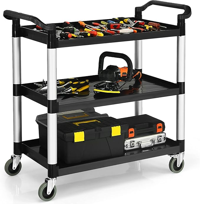 Goplus 3-Tier Utility Cart, Heavy-Duty Service Cart w/Lockable Wheels & Double Handles, Sturdy Aluminum Structure, 495 LBS Max Load, Tool Cart for Office Kitchen Garage (40.5" x 19.5" x 38.5")